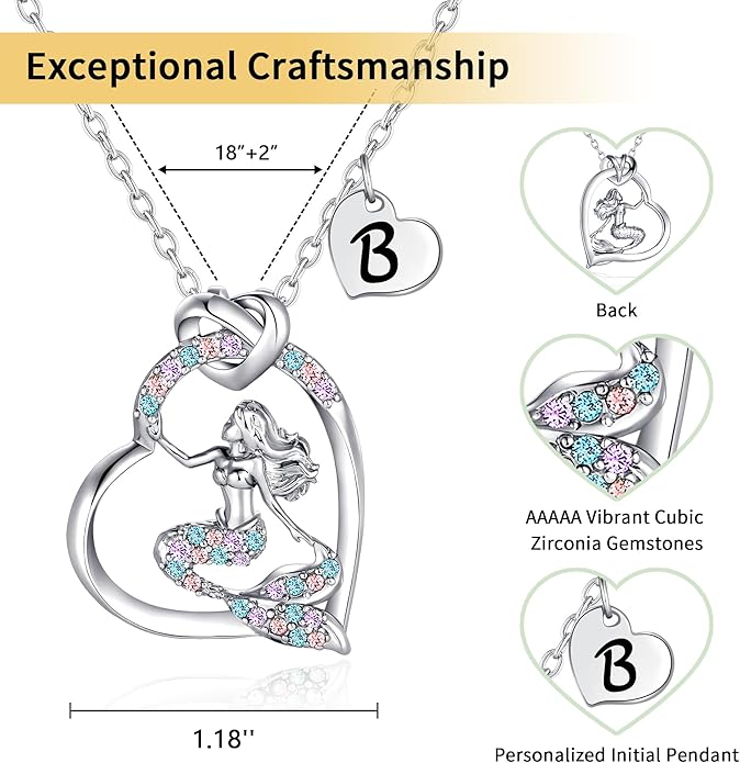 K-Acc 14K Gold-Plated Mermaid Initial Heart Necklace - Gifts for Girls