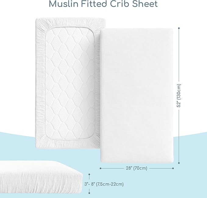 Muslin Crib Sheets, 100% Organic Cotton, Breathable and Ultra-Soft, Standard Crib Sheet Mattress (28"x 52") for Girls and Boys, Neutral Fitted Baby Crib Sheet (White)