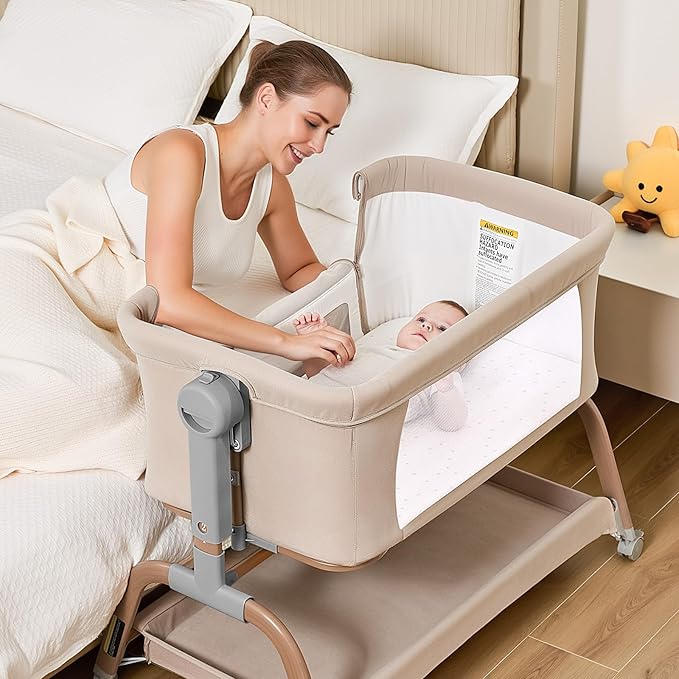 ANGELBLISS 3 in 1 Baby Bassinet, Rocking Bassinets Bedside Sleeper with Comfy Mattress and Wheels, 6 Height Adjustable Easy Folding Portable Bedside Crib for Newborn Infant (Khaki)
