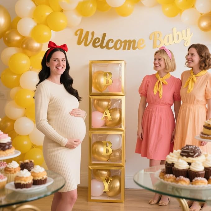 Ledido Baby Boxes with Letters for Baby Shower Decorations, 4 pcs Clear Baby Balloon Boxes Blocks for Baby Shower Decor with Letters for Boy Girl Gender Reveal Decorations Backdrop Party (Gold)