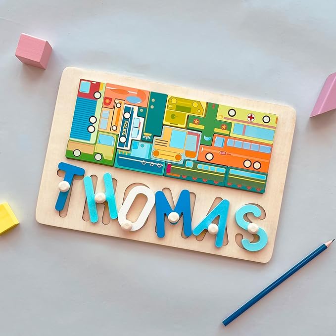 Personalized Puzzles for Toddlers 1-3, Baby Name Puzzle, 1 Year Old Girl Gifts, Montessori Learning Toy for Toddlers Ages 1-3 (Block Vehicles)