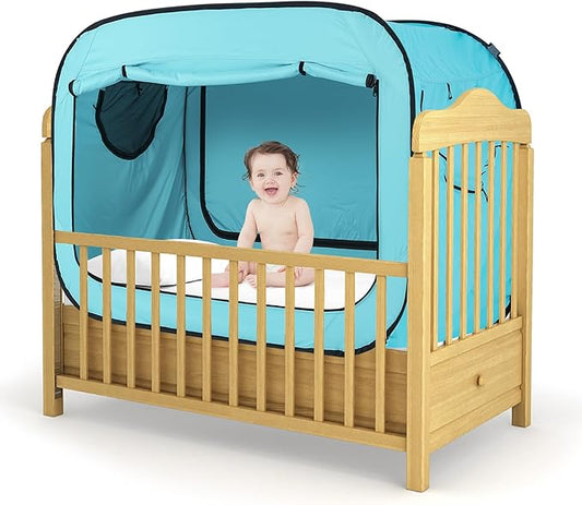 Poray Pop Up Baby Bed Tent Privacy Tent for Toddler Sleeping with 2 Zipper Doors,Breathable Mesh Windows and Portable Carry Bag