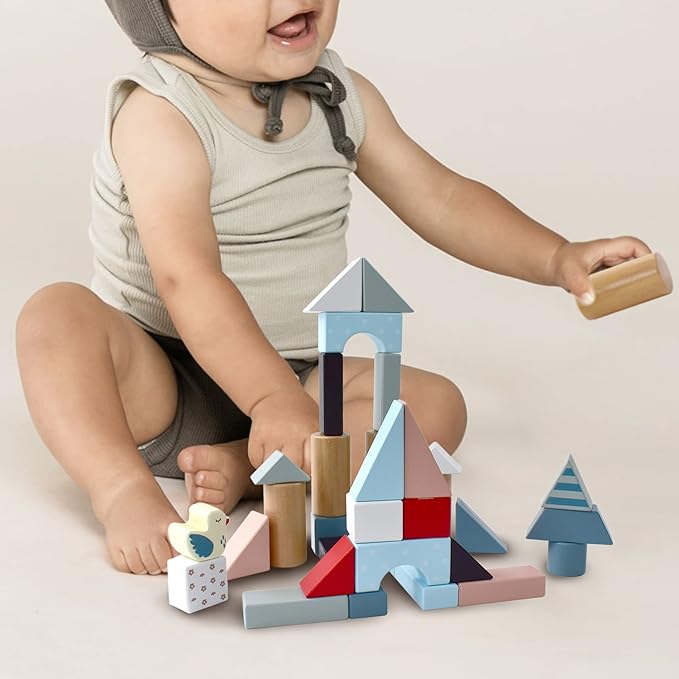 PairPear Wooden Baby Walker with Blocks & Brake – Montessori Push Cart, Adjustable Speed, Anti-Slip Wheels, Gift for 1-3 Y Boys & Girls