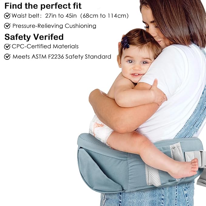 Baby Hip Seat Carrier, Adjustable Waistband with 3D Abdominal Support & Various Pockets Ergonomic Carrier for Newborns to Toddlers up to 33 lbs Medium Blue