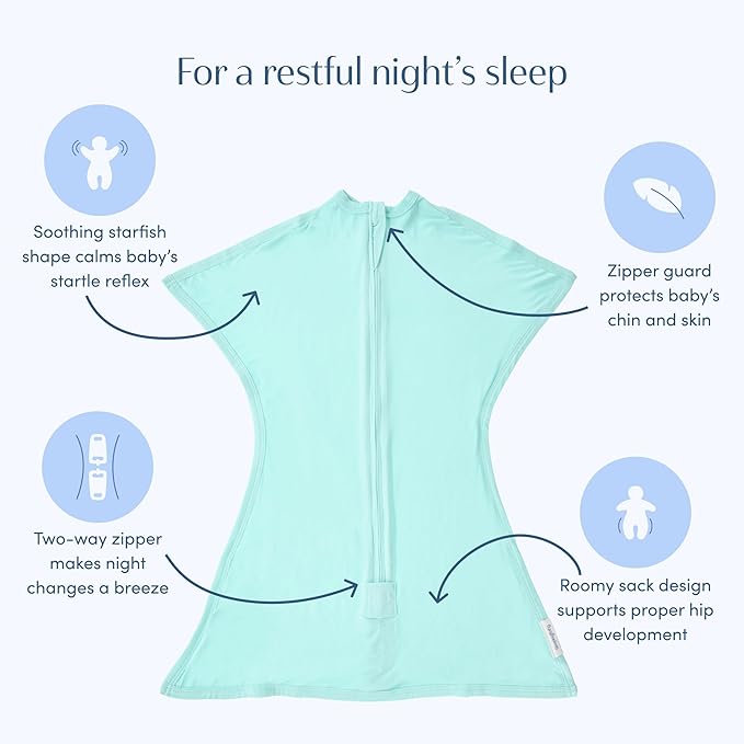 SleepingBaby EverSoft Zipadee-Zip Transition Swaddle - Roomy Wearable Blanket with Two Way Zipper - Viscose from Bamboo - Sea Glass, X-Small (3-6 Month)