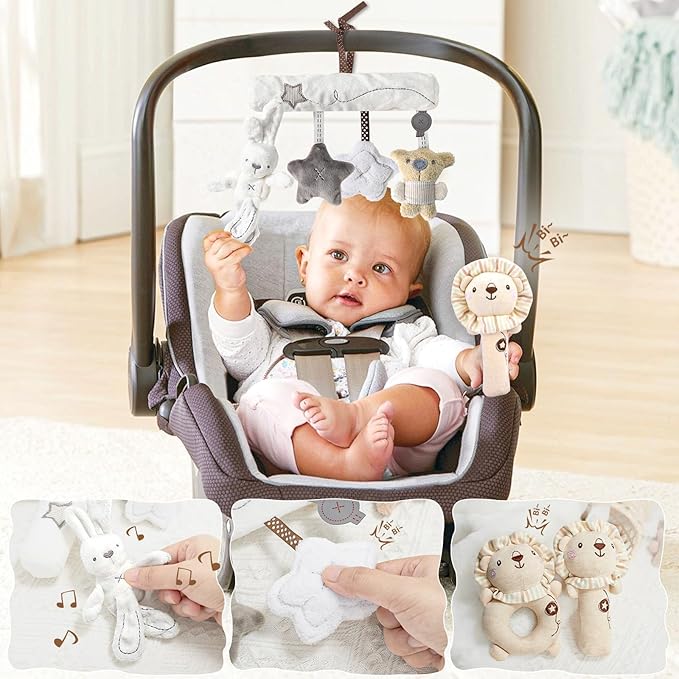 Golray 9pcs Newborn Baby Gift Baskets for Boys Girls Baby Shower, 2 Rattle/Seat Hang Toy/Blanket/Onesies/Bib/ 3D Socks/Wood Milestone/Carry Box, Neutral New Born Essential Stuff Unisex Baby Gifts Boy