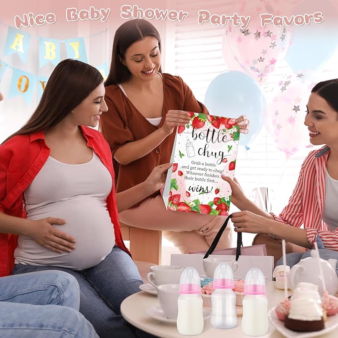 TrelaCo Bottle Chug Baby Shower Game 20 Pcs Baby Bottles Shower Favor with 1 Strawberry Theme Sign for Gender Reveal Party Supplies Gifts(Pink)