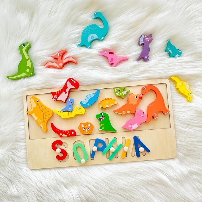 Name Puzzle for Kids Personalized, First Birthday for Baby Boy Girl, Wooden Name Puzzles for Toddlers 1-3, Educational Toys for 1 Year Old (Dinosaur)