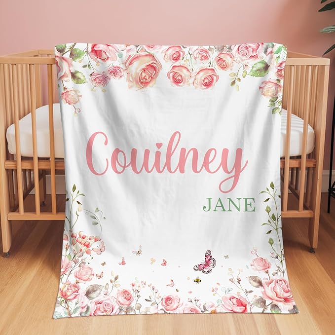 Ship Next Day, Personalized Baby Blanket for Girls- Printed in USA, Custom Baby Blankets with Name Floral Rose Blanket for Infant Newborn Shower(Rose)