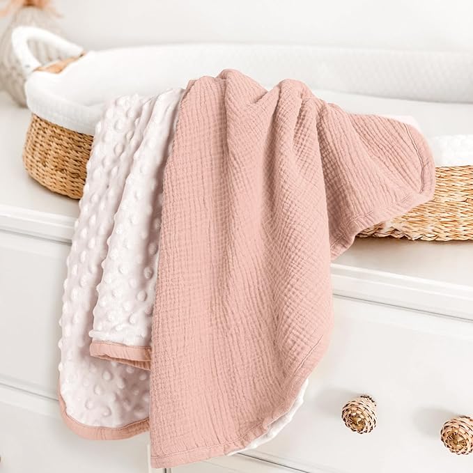 lulumoon Baby Blanket for Newborn Receiving: Minky Dot & Muslin Lightweight - Thermal Blanket Gift for Baby Shower & Hospital Welcoming 30"x40"(Pink)