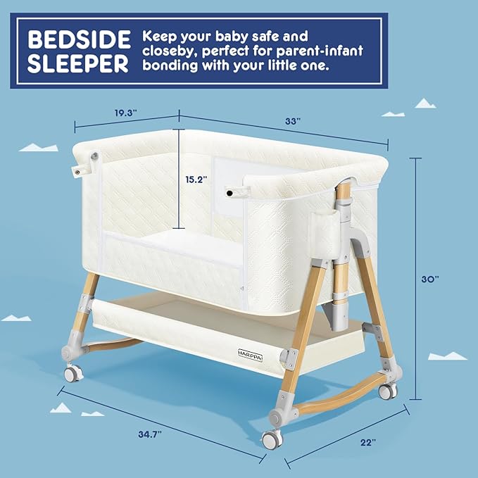 HARPPA Cuddly Bassinet, 3 in 1 Baby Bassinet Bedside Sleeper, Bedside Crib with Mattress and Wheels, Breathable Mesh, 5 Height Adjustable, Anchor Strap (Wood Grain, White)