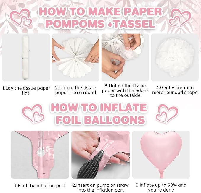 Pink Baby Shower Decorations for Girl,Welcome Baby Balloon Banner with Coquette Pink White Bow Balloons Fringe Curtains Paper Pom Poms for Baby Shower Gender Reveal Party Supplies