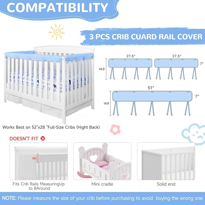 Blue 3pcs New Teething Edge Crib Rail Cover&Corner Guard Coverage Straps,Reversible Guardrail Cover Protector for Boys Girls(1 Long 2 Short)