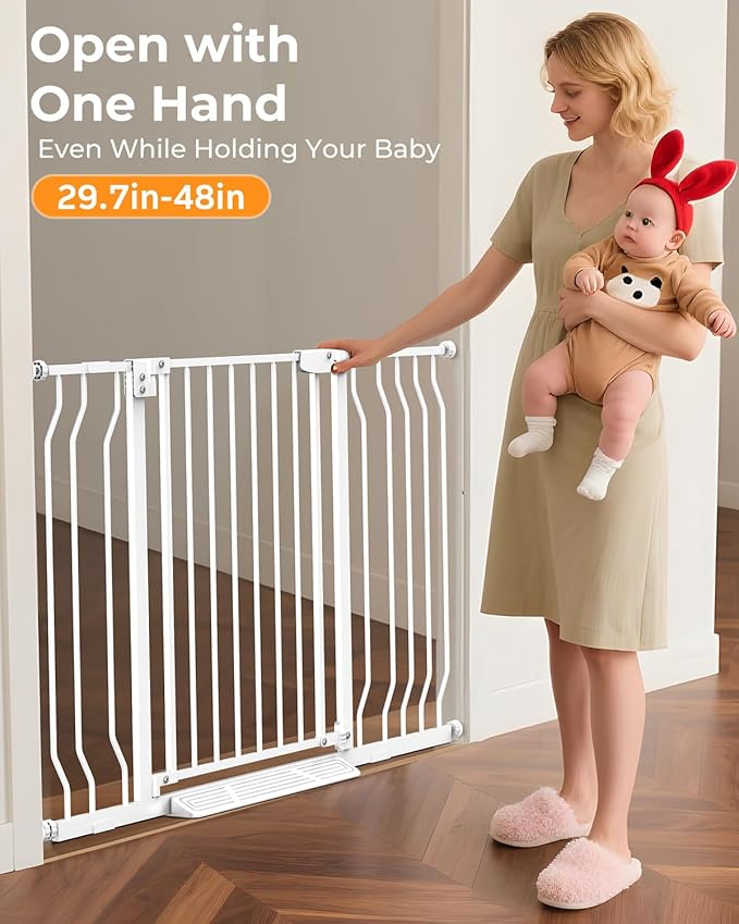 30"-48″ Extra Wide Baby Gate with 2 Extensions, 30.5" Tall, Pressure Mount for Kitchens, Stairs, and Doorways, Safe Passage for Crawlers, Pets & Seniors