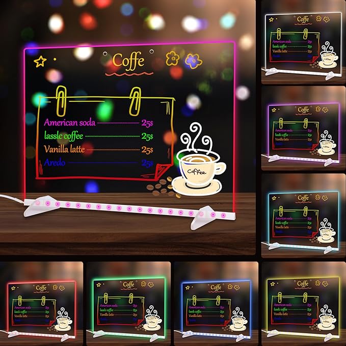 LED Note Board with Colors, 13.7"X10" 4 Modes & 7 Colors Acrylic Dry Erase Board with Light, Include Adapter, Hanging Chain, Led Drawing Board for Kids with Stand, 7 Markers, Spray Bottle 