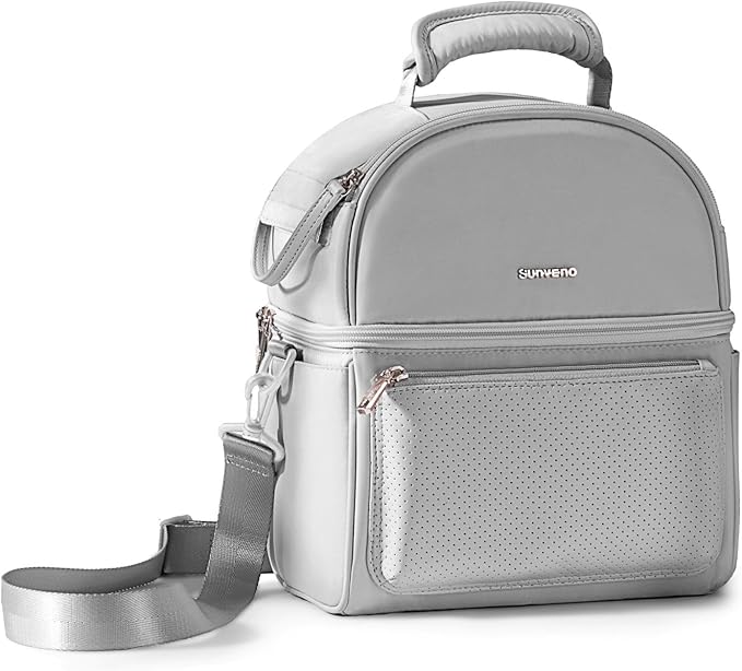 Sunveno Breastmilk Cooler Bag with 2 Ice Packs & Detachable EPP Insulation Box, 15-Hour Cold Retention Foil-Lined Leak-Proof Tote Fits 3 baby Bottles for On-The-Go Pumping Moms, Daycare & Travel,Grey