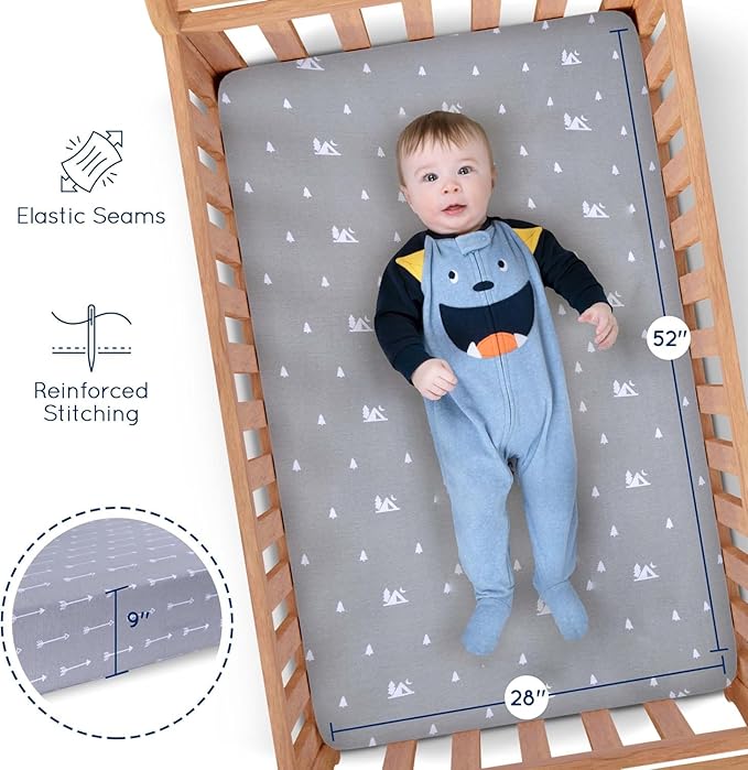 Fitted Unisex Crib Sheets (3 Pack) by GROW WILD - Jersey Knit Cotton Crib Sheets for Boys or Girls, 52β x 28β x 9β Crib Bedding Set (Woodland Gray and White)