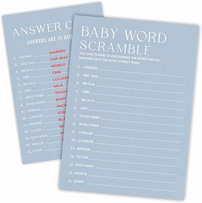 Minimalism Baby Shower Game Kits - Mist Blue - Family Feud - 30 Fill In Game Cards & 1 Answer Card, Party Favor, Gender Reveal, Announcement - A05