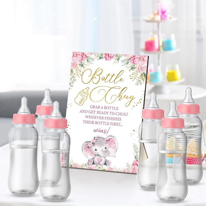 TrelaCo Cool Baby Shower Games Wooden Bottle Chug Sign Rustic Theme Gift Sets and 12 Pcs Baby Bottle Shower Favor for Rustic Kraft Games Gender Reveal (Pink Elephant)