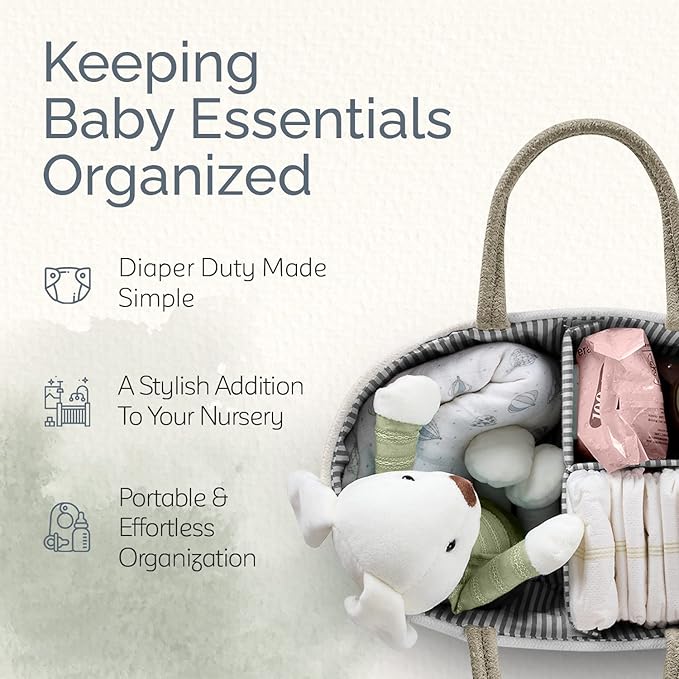 KiddyCare Woven Diaper Caddy Organizer, Large Gray Multi Functional Portable Baby Basket with Handle, Baby Gift for Boy/Girl Nursery Storage, Organization, and Modern Car Diaper Caddy Natural X-Large