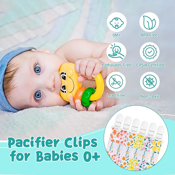Babygoal Floral Pacifier Clips, 6 Pack Binky Paci Holder Clips and Leash for Boys and Girls Fits for Most Pacifier, Binkie Styles & Baby Teethers & Toys and Gift 6PS14