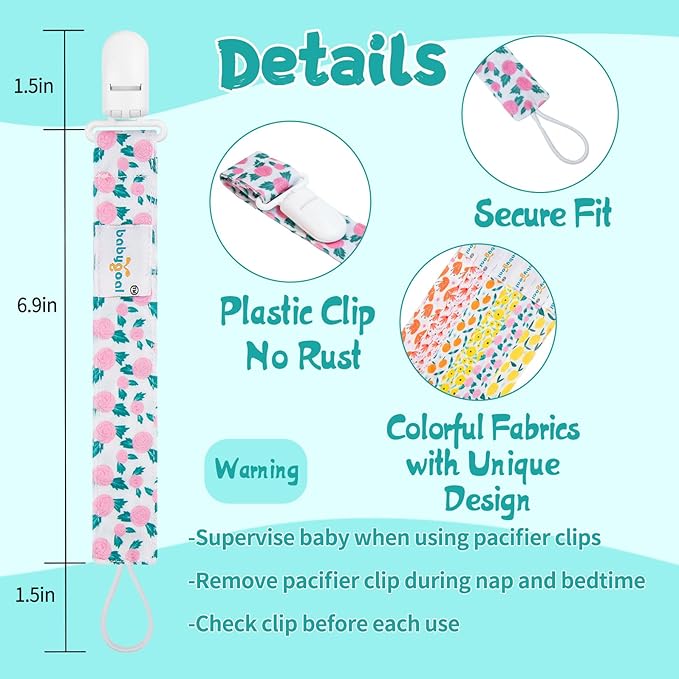 Babygoal Floral Pacifier Clips, 6 Pack Binky Paci Holder Clips and Leash for Boys and Girls Fits for Most Pacifier, Binkie Styles & Baby Teethers & Toys and Gift 6PS14