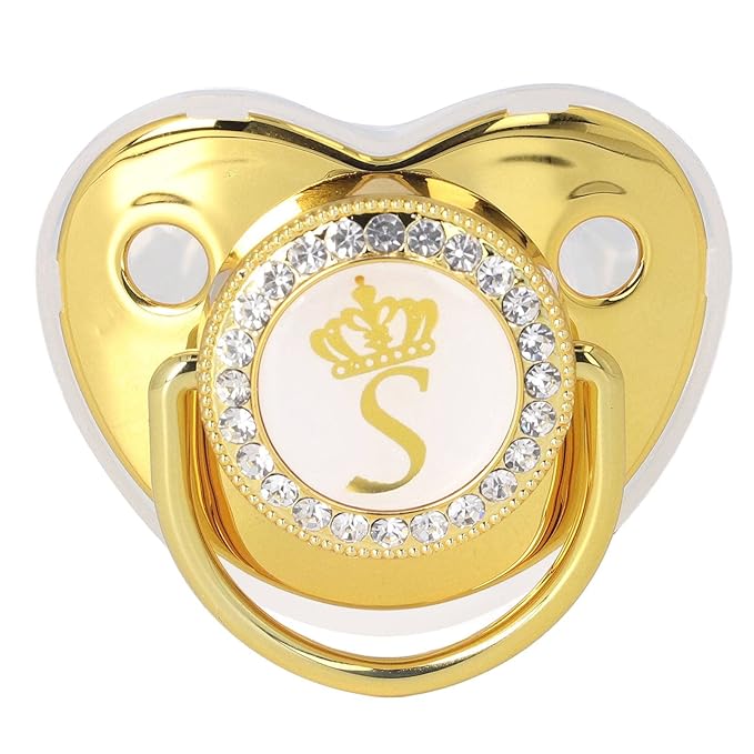 Personalized Golden Letter Baby Pacifier with Bling Design, Clips, Anti-Dust Cover for Newborn Photography, Size S
