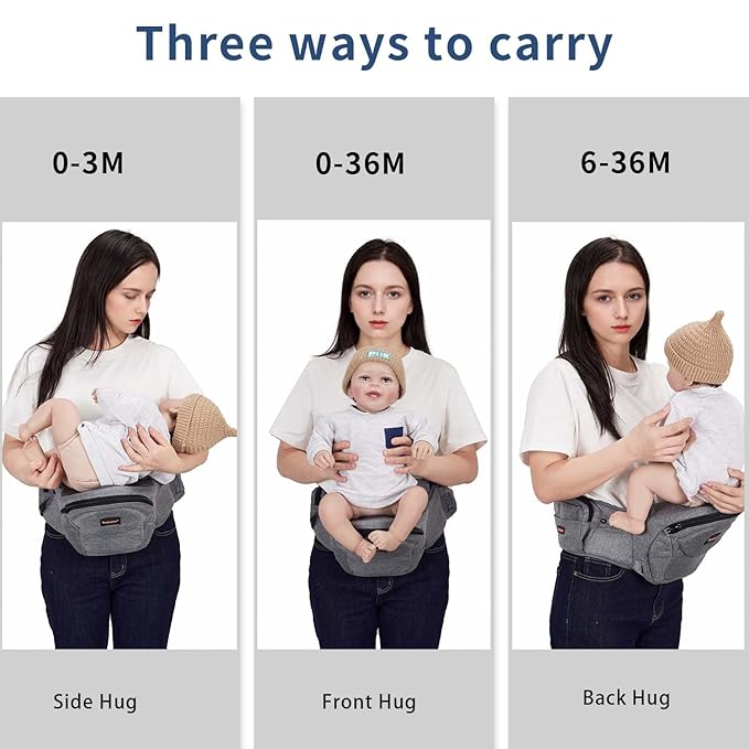 Baby Carrier with Hip Seat, Newborn to Toddler, Adjustable Extended, Ergonomic M Position Baby Carrier with Multiple Pockets 7-40lbsfor dad and mom, Grey