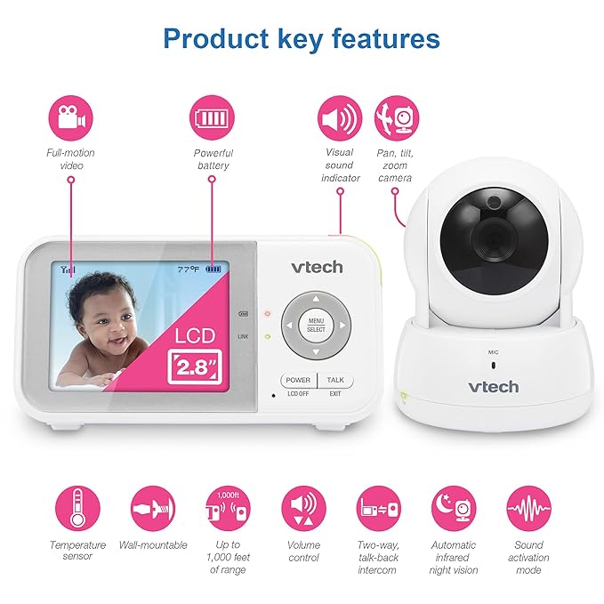 VTech VM923 Baby Monitor, 2.8” Screen, Pan-Tilt-Zoom, 1000ft Long Range, Night Vision, 2-Way Audio, Temperature Sensor, Lullabies, Secure Transmission No WiFi
