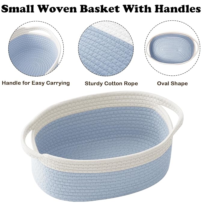 Gift Basket with Gift Bag and Ribbons,Small Rope Woven Shelf Storage,Baskets for Gifts Empty,Birthday,Shower,Decorative Organizer Box for Cat Dog Pet with Handles(White&Blue)