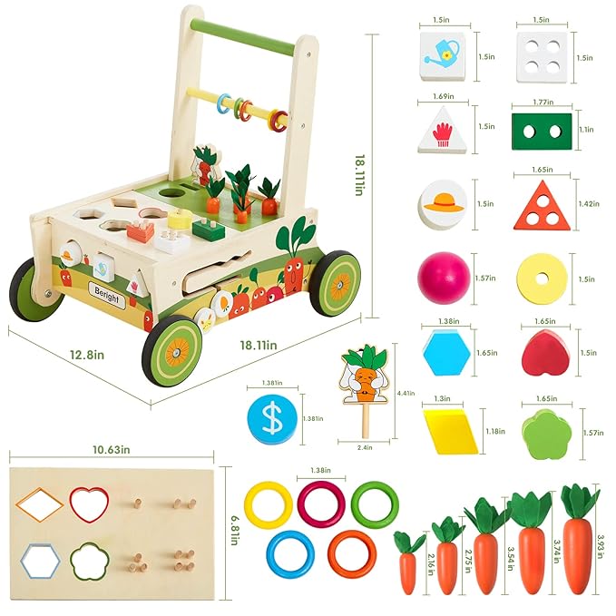 Beright 12-in-1 Wooden Baby Walker, Toddler Activity Center Toys, Wooden Baby Push and Pull Toys, Baby Push Walker, Multiple Play, Develops Motor Skills & Stimulates Creativity, Upgraded