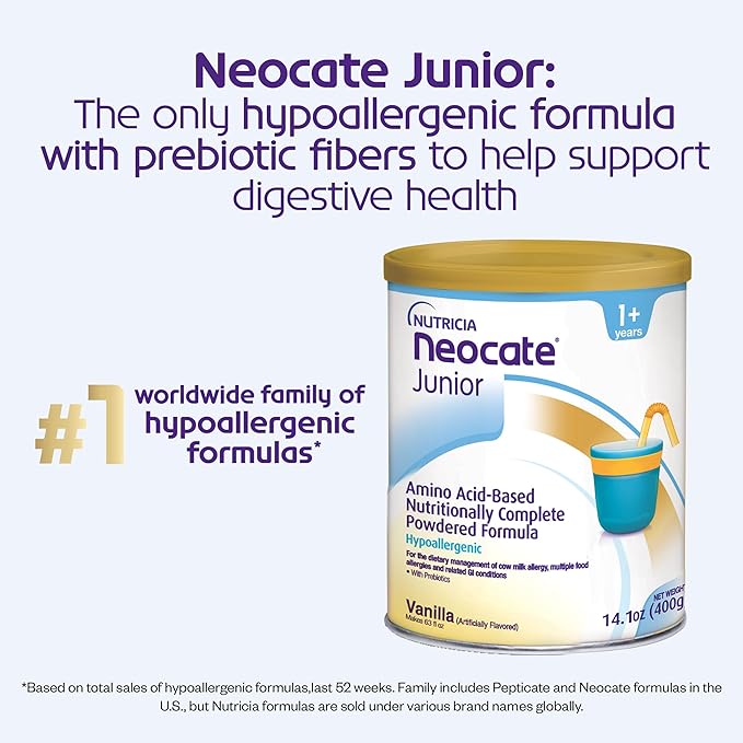 Nutricia Neocate Junior - Hypoallergenic, Dairy-free, Amino Acid-Based Formula for 1+ Years - For Toddlers, Kids & Teens - Powdered Formula - Vanilla - 14.1 oz can (Case of 4)