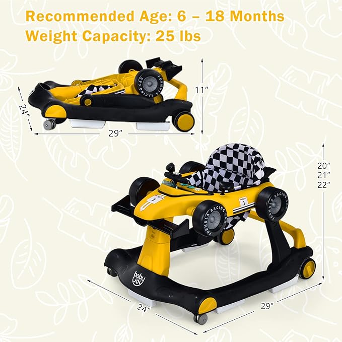 HOMGX Baby Walker with Wheels, Convertible Baby Push Walker & Race Car Mode, Infant Activity Center with Music Box, 3 Heights & 2 Speeds, Foldable Walkers for 6-18 Months (Yellow)