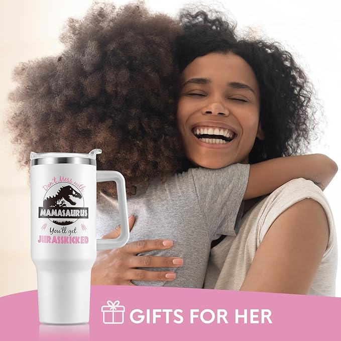 NOWWISH Gifts for Mom, Mamasaurus Mom Coffee Tumbler, Birthday Gifts for Mom Women Mother-in-Law Wife New Mom, Mothers Day Gift from Daughter - White 40 Oz