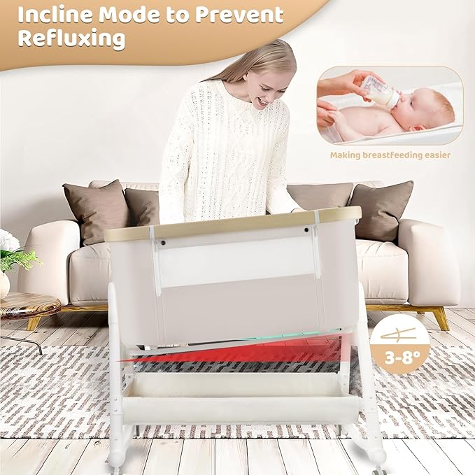 4 in 1 Baby Bassinet, Bassinet Bedside Sleeper with Wheels and Storage Basket, Adjustable 7 Heights Bedside Sleeper with Musquito Net, Breathable Mesh Rocking Bassinet for Baby/Newborn (Beige)