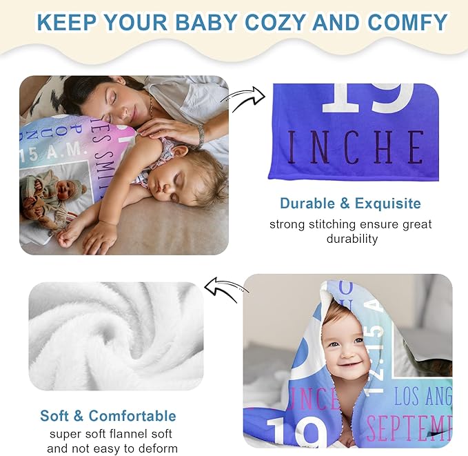 Ship Next Day, Personalized Baby Blanket for Boys Girls - Printed in USA, Custom Baby Blanket with Name Super Soft Plush Flannel, Easter Christmas Brithday Gifts for Baby Shower Kids Toddlers Newborn