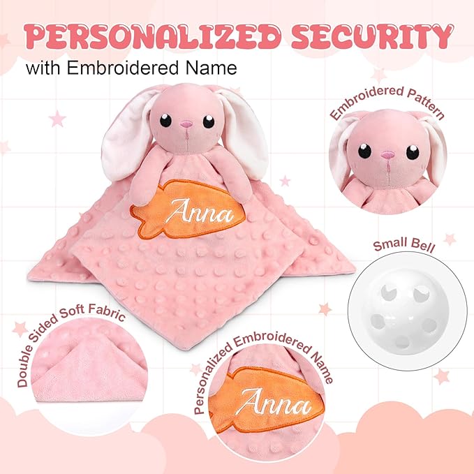 Personalized Security Blankets for Babies with Names, Bunny Custom Baby Blanket, Embroidered Lovie Lovey Security Blanket for Babies Girls Boys, Newborn 1st Birthday Gifts (Pink Rabbit)