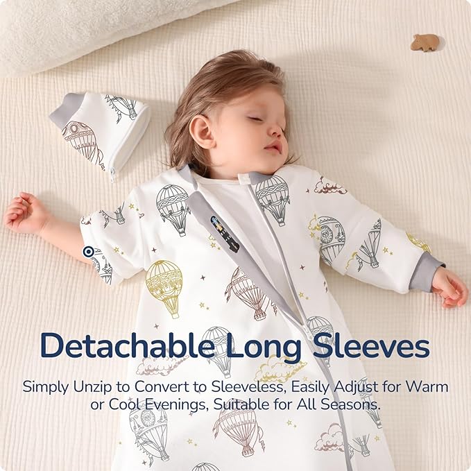 Baby Sleep Sack 12-18 Months, Cotton Detachable Long Sleeve Sleep Sack, 2.5 Tog Toddler Sleeping Sack with Temperature Strips, 2-Way Zipper Wearable Blankets for Newborns, Hot Air Balloon