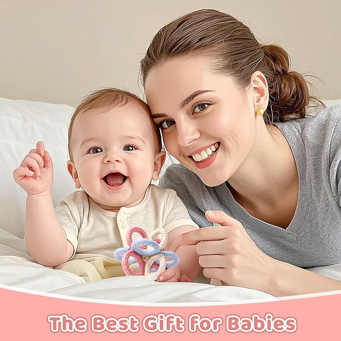 Baby Teething Toys 3 in 1 Silicone Teethers - BPA Free Food Grade Silicone Teething Ring Rattle Toys for Babies 3-6 Months 6-12 Months, Soft & Easy Hold, Baby Chew Toy for Toddlers (Pink)
