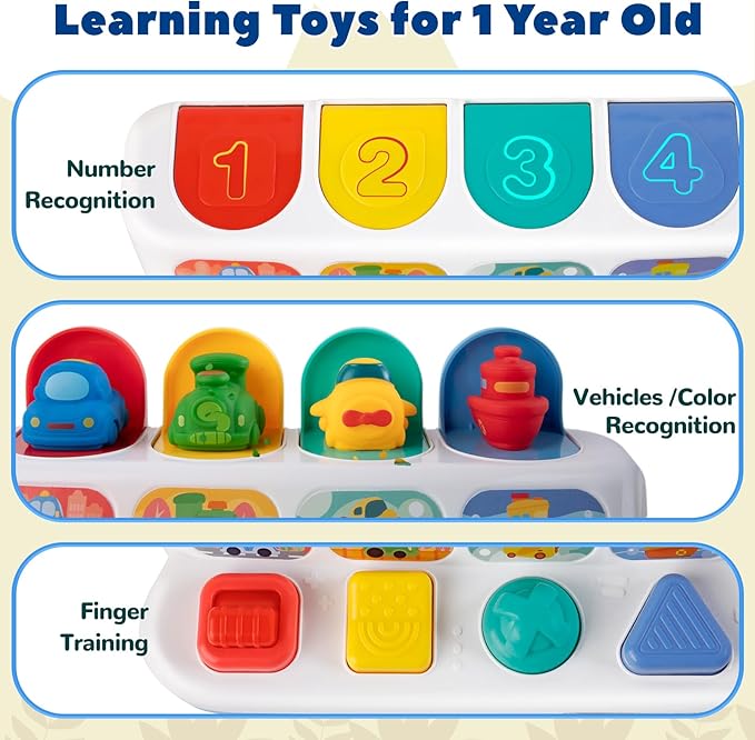 Interactive Cause & Effect Pop Up Vehicle Toys for Toddlers 1-3 Years, Sensory Montessori Toys for Infants 8-12 Months, Fun Hide and Seek Play for Boy Girl