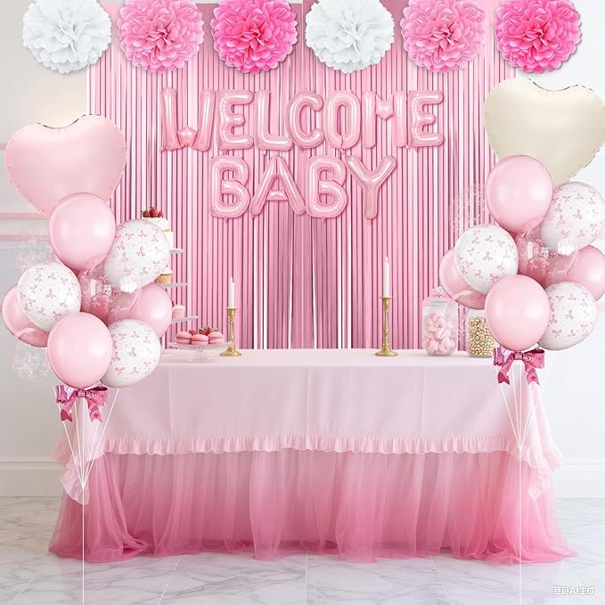 Pink Baby Shower Decorations for Girl,Welcome Baby Balloon Banner with Coquette Pink White Bow Balloons Fringe Curtains Paper Pom Poms for Baby Shower Gender Reveal Party Supplies