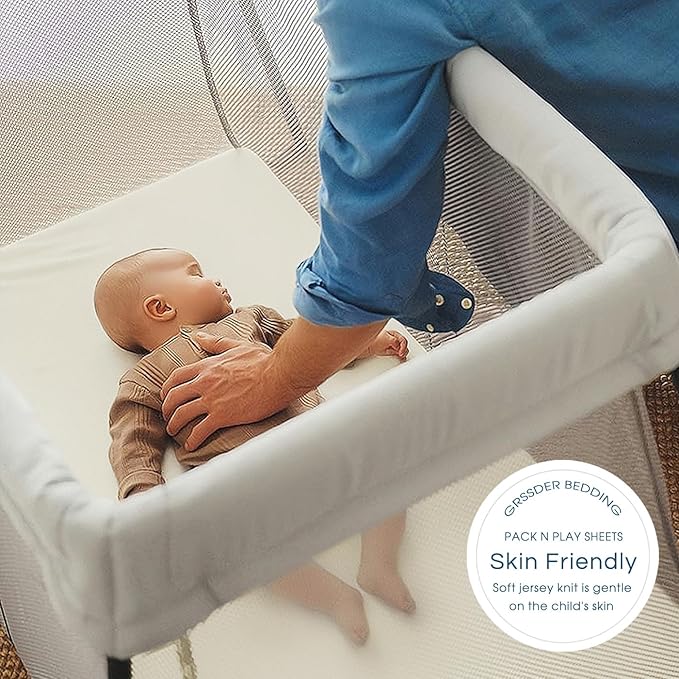 GRSSDER Mini Crib Sheets Fitted, Pack and Play Sheets 2 Pack, Ultra Soft Stretchy Pack N Play Sheets, Universal Fit for Playard Mattress, Jersey Crib Sheets for Boys and Girls, Cream/Pink
