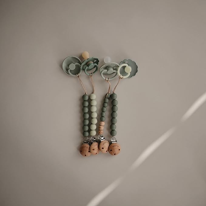 FRIGG Moon Natural Rubber Baby Pacifier | Made in Denmark | BPA-Free (Sage/Portobello, 0-6 Months) 2-Pack
