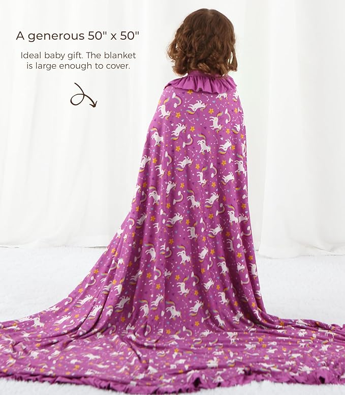 Premium Baby Blanket for Girls, Stretchy Quilt, Soft Crib Bedding for Newborn Baby and Toddler, Ruffle Nursery Blanket for Kids, Viscose Made from Bamboo 50''x50'' Purple Unicorn