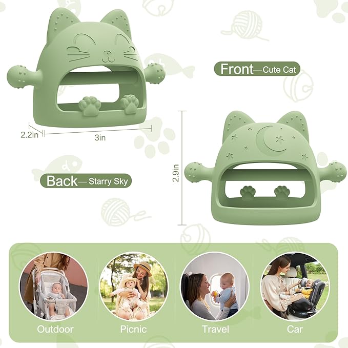 Baby Teethers 0-6 Months,Teething Toys for Babies 0-6 Months,Never Drop Baby Chew Toys for Teething Relief,Infant Hand Teether Pacifiers for 0-6 Months,Ideal Baby Toys Gifts for New Moms(Cartoon Cat)