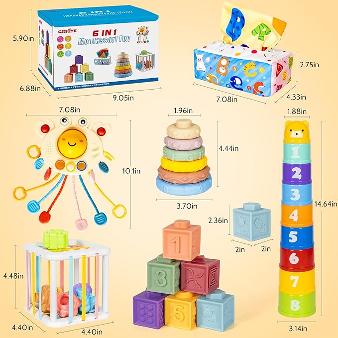 6 in 1 Montessori Toys for Babies 6–12 Months Stacking Block Soft Infant Ring Shape Learning Sensory Bin Pull String Teething Toy Tissue Box for Toddlers 1 2 3 Year Old Boy Girl Gift