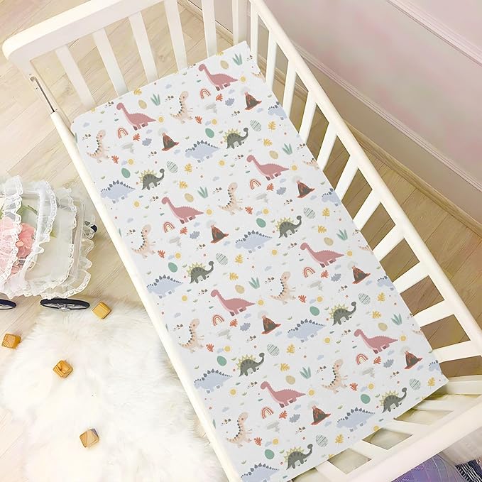 Baby Crib Sheets Dinosaur Plant Rainbow Crib Sheets for Boys Girls,Neutral Bassinet Toddler Bed Play Sheets Breathable Soft and Portable 52 * 28 * 9in