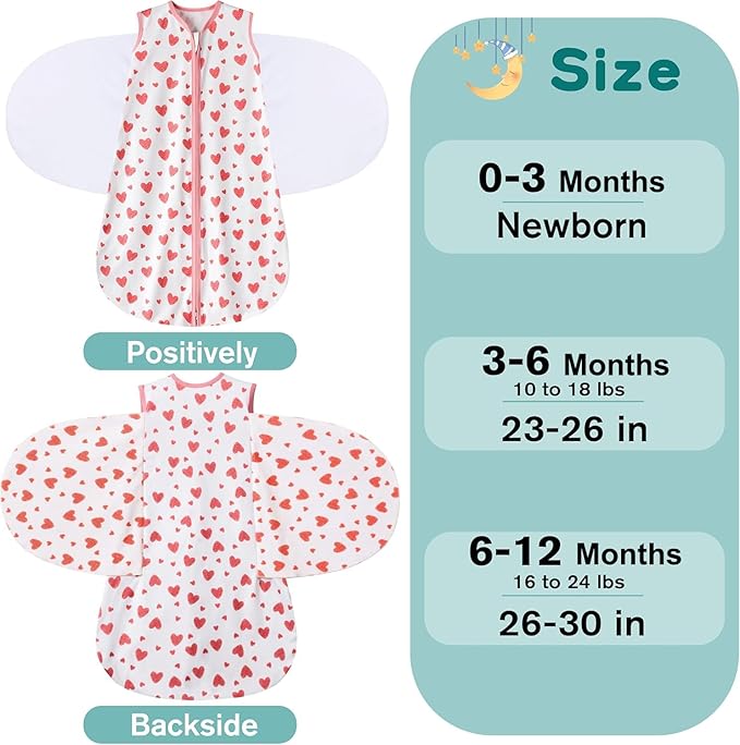 Newborn Sleep Sack Baby Swaddle,Swaddle me 3-6 Month,3-Way Adjustable Wearable Blanket,100% Rayon Cotton Swaddling Sleeping Bag,TOG 0.5 (Love, 3-6 Months)