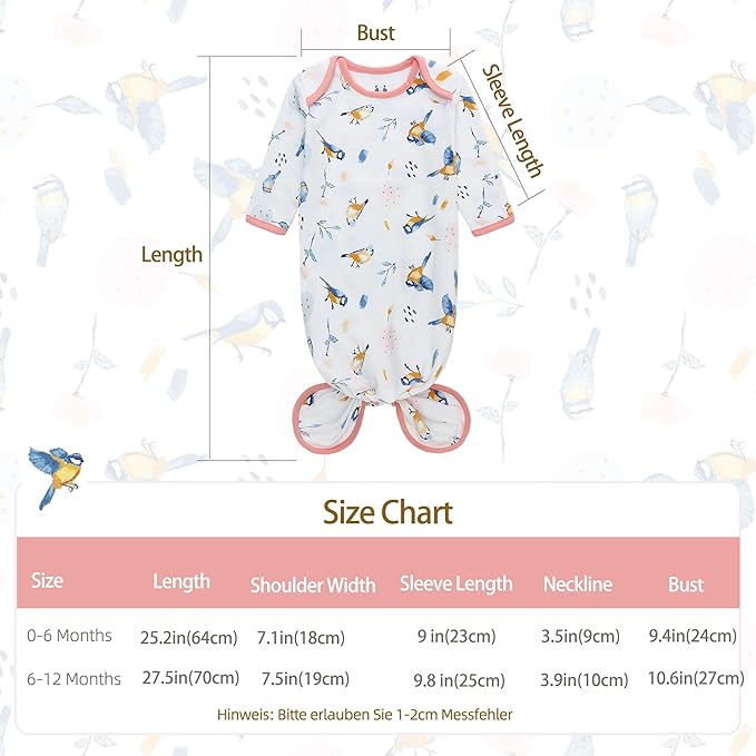 Newborn Knotted Gown with Hat Set, 3 Pack Newborn Nightgowns, Baby Sleeper Gowns with Mitten Cuffs for Boys Girls 6-12 Months