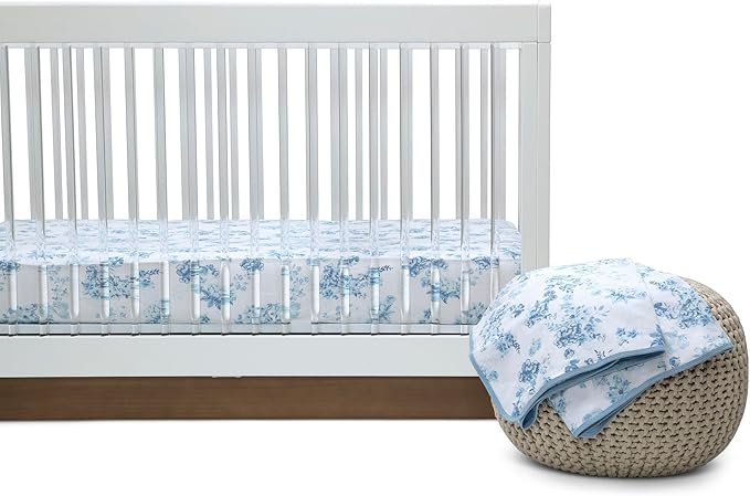 Delta Children 100% Organic Cotton Fitted Crib Sheets, Blue Botanicals + 100% Organic Jersey Cotton Baby Receiving Blankets – 30x40 Inches - GOTS Certified (Pack of 2) (Bundle)